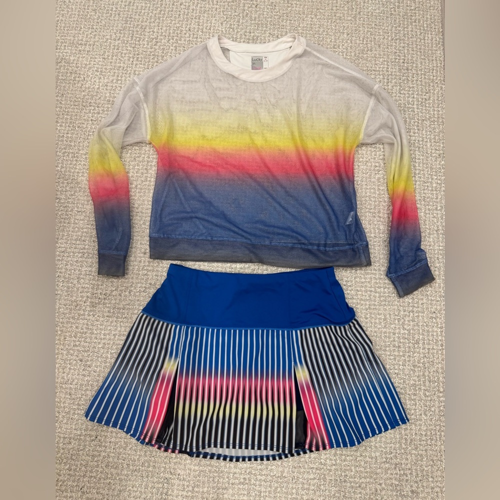 LUCKY In LOVE TENNIS PICKLEBALL set. Ombre mesh Top &  Skirt Set M 8-10